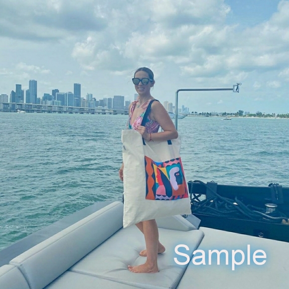 XX Large Green Floral Print Linen Beach Tote Bag - Picture 3 of 8